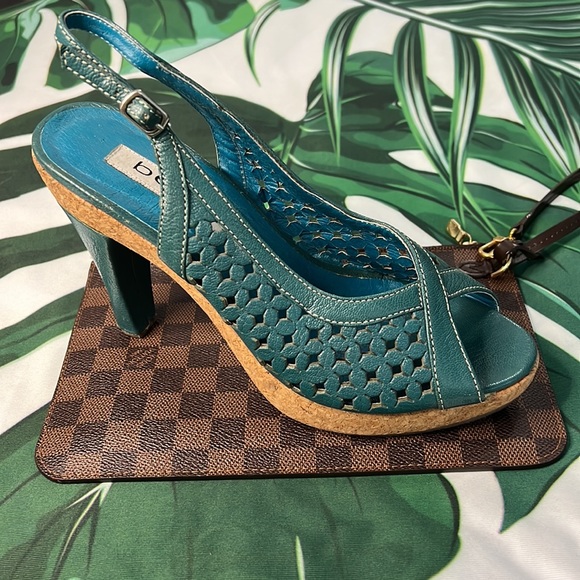 bebe Shoes - Bebe Teal leather eyelet flowers with cork heel